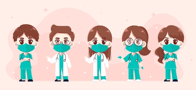 Free Vector doctor and nurse professional team health and medical set hand drawn cartoon art illustration