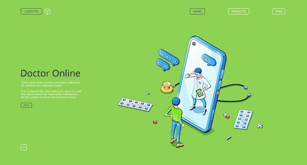 Free Vector doctor online isometric landing page, telehealth service, distance medicine application for mobile phone. physician medic consulting patient from huge smartphone screen, 3d vector line art web banner