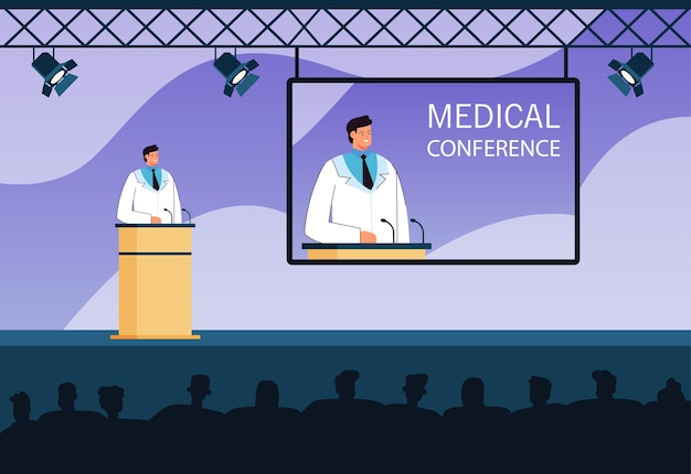 Free vector doctor or pharmacist making presentation on medical conference. silhouettes of audience flat vector illustration. medicine, healthcare, communication concept for banner, website design or landing page