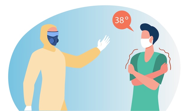 Doctor in protective suit helping man with fever. High body temperature flat vector illustration. Illness symptoms, infected patient