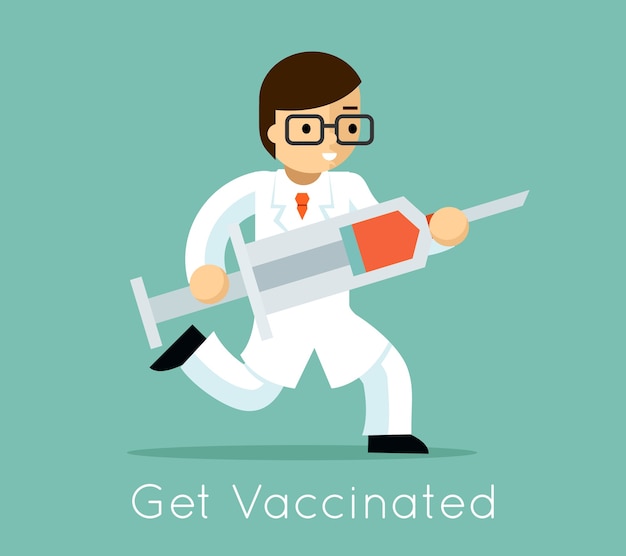 Doctor run with syringe. Vaccination against virus, needle and drug, vector illustration