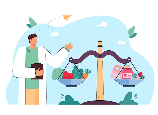 Doctor next to scales with pills and vegetables. Balance between healthy food and vitamins flat illustration