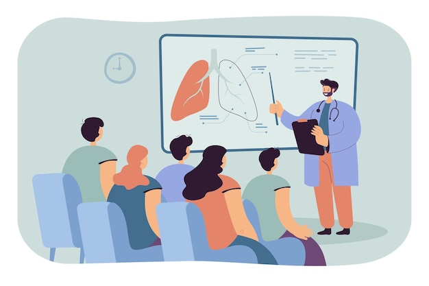 Free vector doctor showing lungs to students flat illustration.