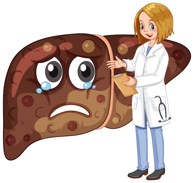 A doctor standing with fibrosis liver on white background