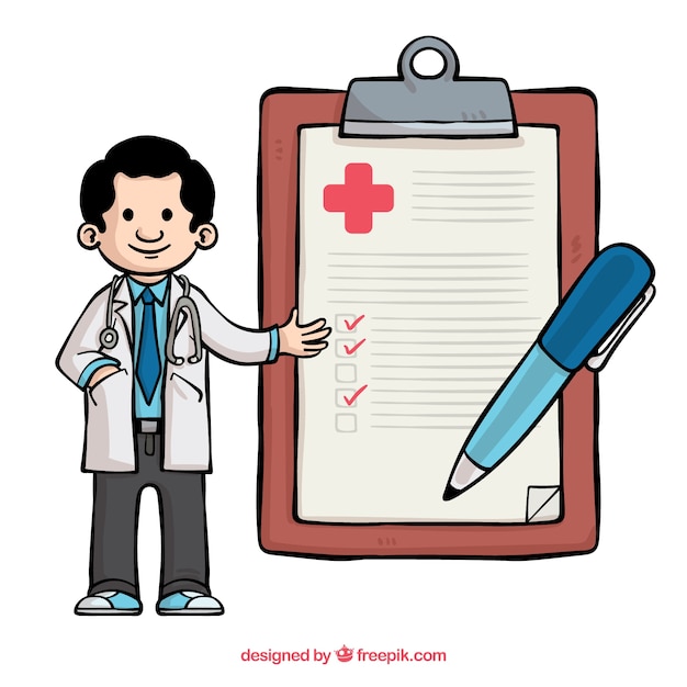 Doctor with clipboard in hand drawn style