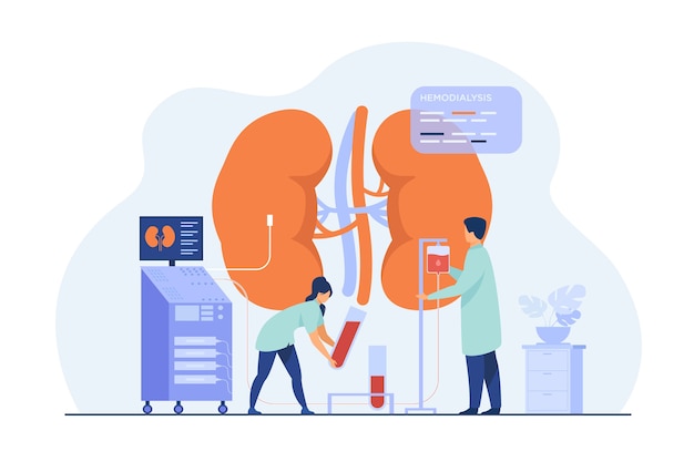 Doctors conducting dialysis procedure for kidney treatment.