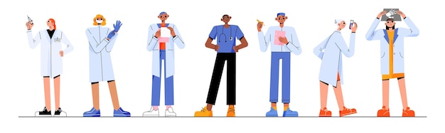 Doctors and nurses flat characters set