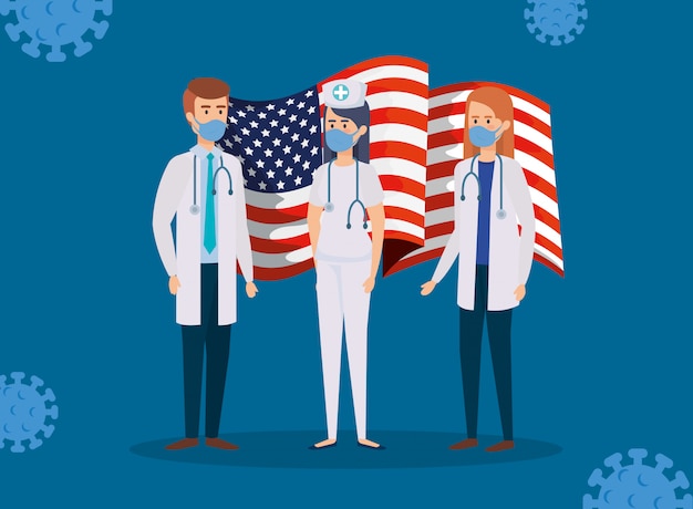 Doctors staff with usa flag and covid19 particles