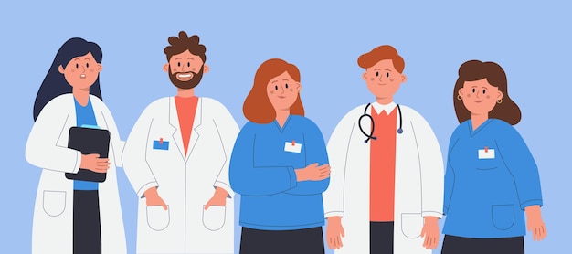 Free vector doctors with stethoscopes, nurses standing together and smiling. group of female and male medical staff, hospital emergency team in clinic flat vector illustration. medicine, healthcare concept