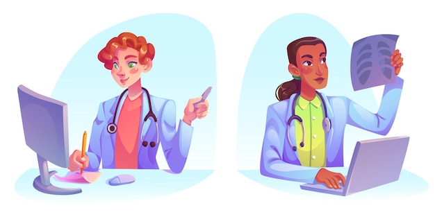 Free Vector doctors working on computer