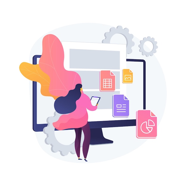 Document management soft abstract concept vector illustration. Document flow app, compound docs, cloud-based DMS, platform for sharing files online. manage business processes abstract metaphor.