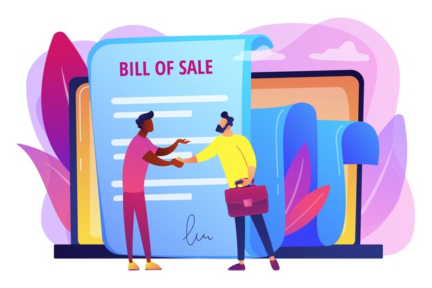 Document for purchase. Customer and purchaser deal. Buying contract. Bill of sale, written selling document, execution of a sales contract concept.