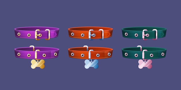 Free vector dog collars with bone and clasp, pet accessories set of red, purple and green colors. leather belts with gold or silver medallion for domestic animal, isolated objects, cartoon vector illustration