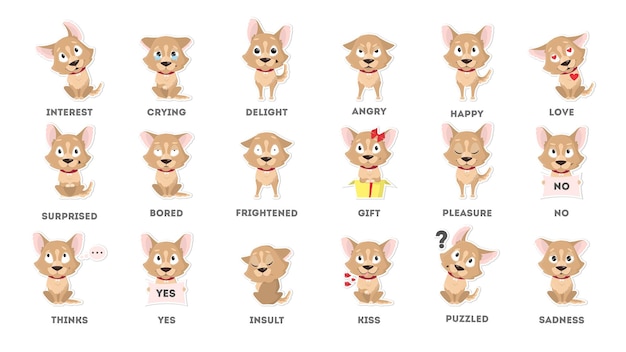 Free Vector dog emotions set funny cartoon emoji smiling and angry sad and delight dog