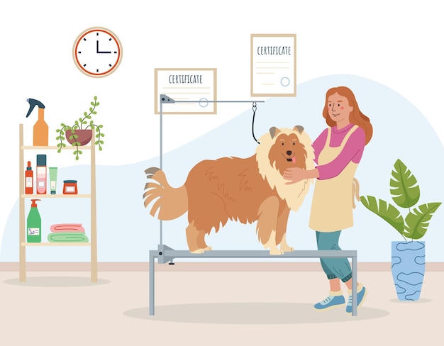 Dog grooming concept with collie style symbols flat vector illustration