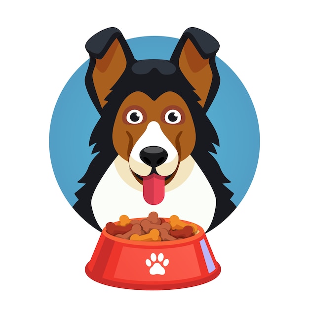 Dog pet face with red bowl full of food