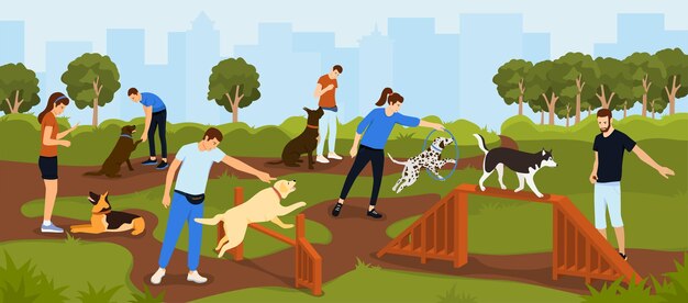 Dog training playground flat composition with horizontal cityscape scenery and multiple dog owners training their dogs illustration