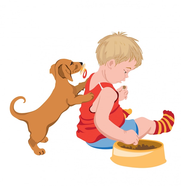 Dog with pacifier in mouth trying to play with a kid that is stealing his food