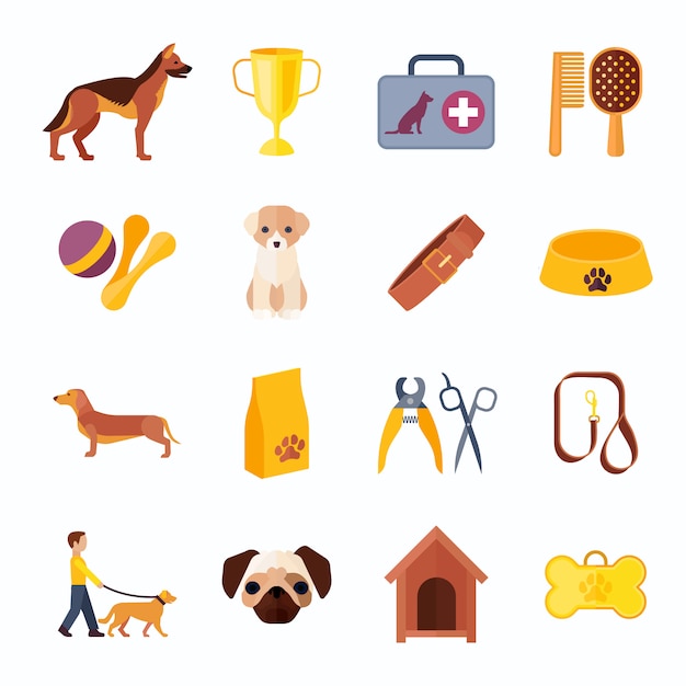 Free vector dogs breeds flat icons collection with veterinary kit and prize winner toy bone abstract isolated vector illustration