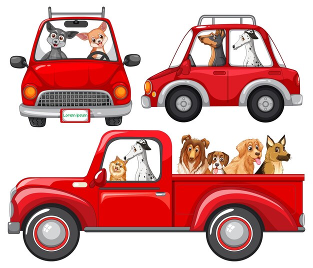 Dogs in different red cars set