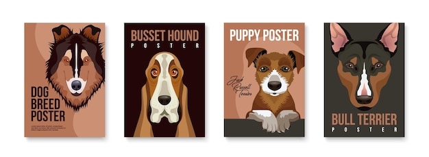 Free Vector dogs and puppies breeds vertical posters set with flat portraits of rough collie busset hound jack russel and bull terrier isolated vector illustration