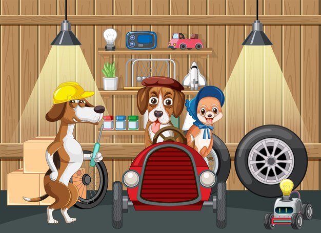 Dogs repairs car in garage