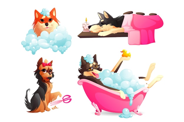 Dogs spa and grooming service happy doggy pets take bath in foamy tub with shampoo bubbles relaxing ...