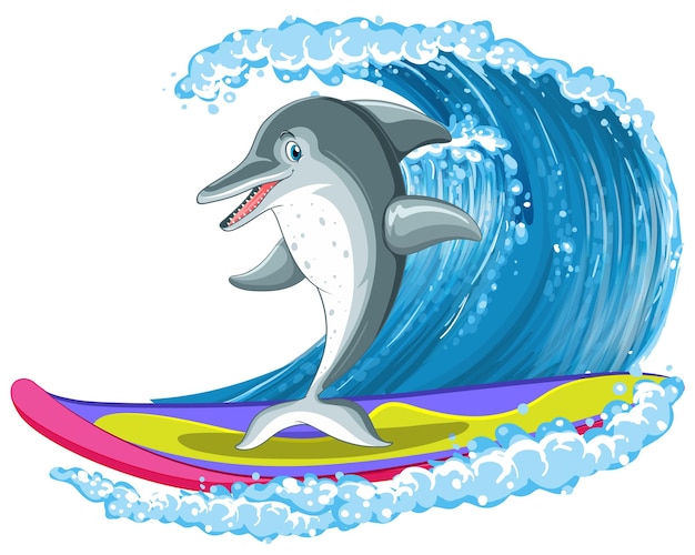 Dolphin cartoon character surfing wave