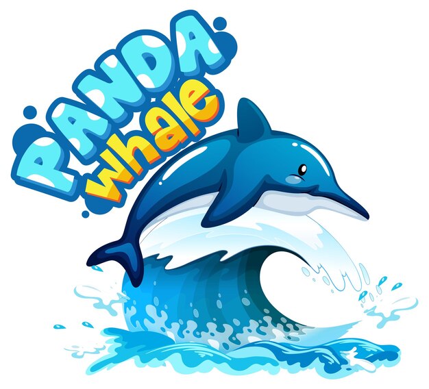 Dolphin cartoon character with Panda Whale font banner isolated