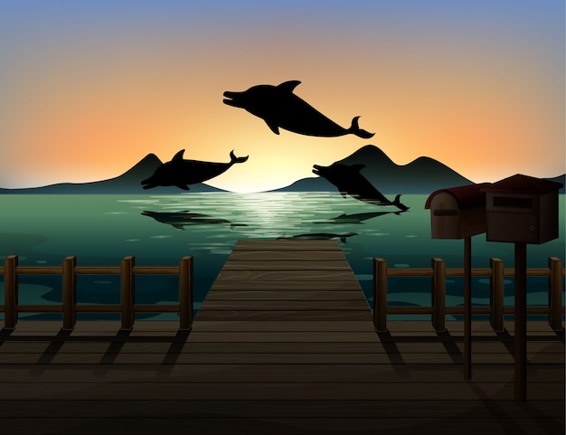 Free Vector dolphin in nature scene silhouette