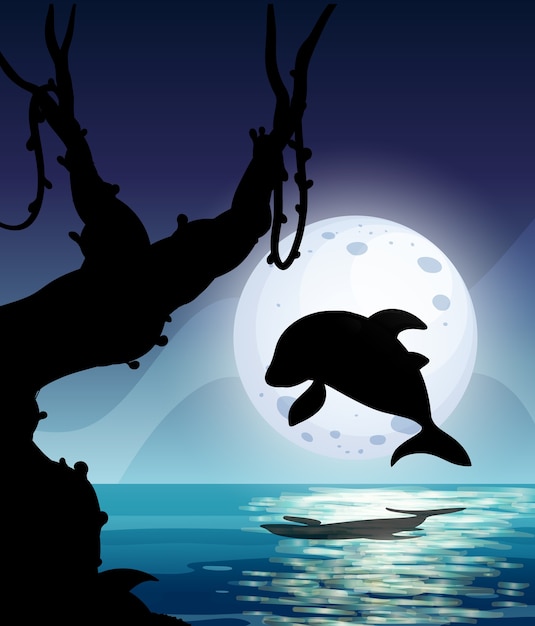 Free Vector dolphin siluete jumping in hte sea at night