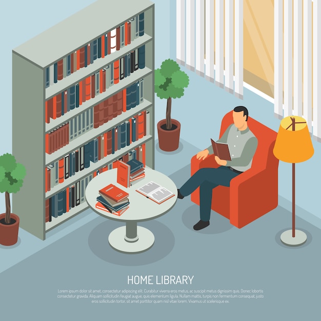 Free Vector domestic library reading composition