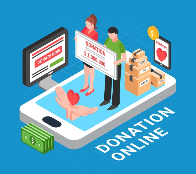 Donation online isometric composition with heart in human palms and people conducting donation drive vector illustration