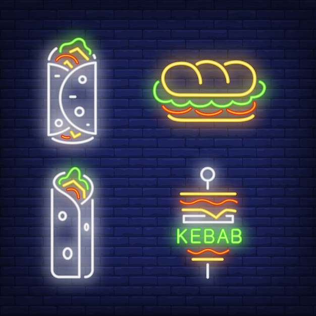 Free Vector doner kebab and shawarma neon signs set