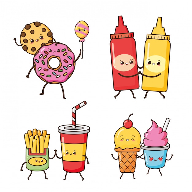 Free Vector donut, french fries, ice cream kawaii food, illustration