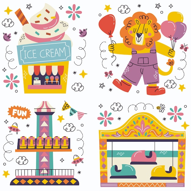 Free Vector doodle amusement park stickers collection