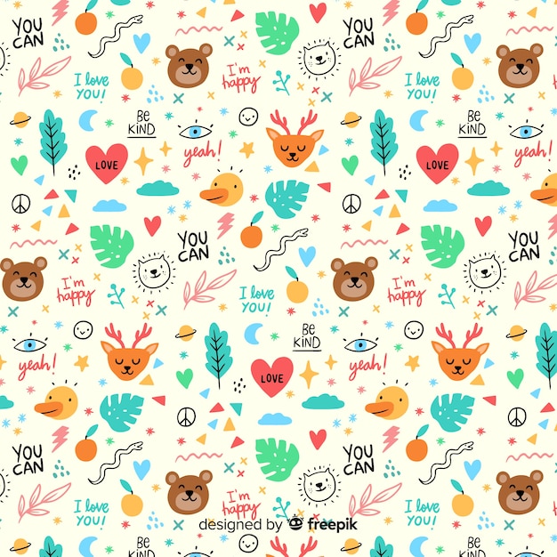 Doodle animals and words pattern