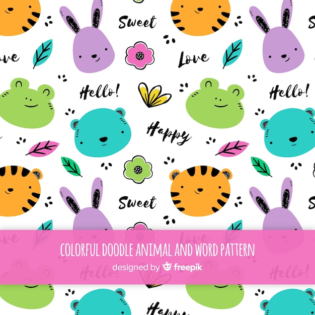 Doodle animals and words pattern