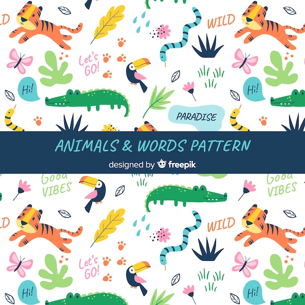 Doodle animals and words pattern