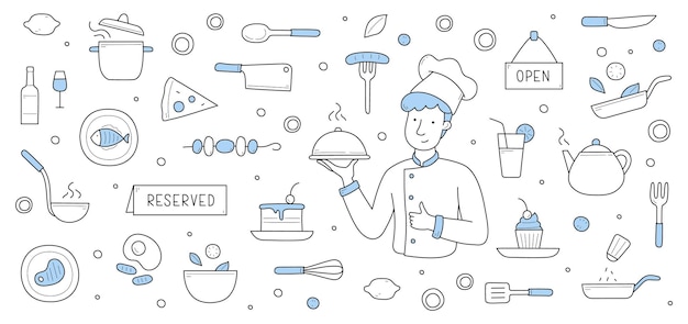 Doodle background with chef and restaurant icons