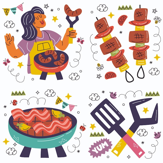 Free Vector doodle barbecue stickers collection