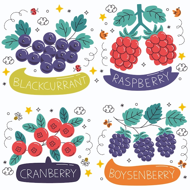 Free Vector doodle berries stickers collection