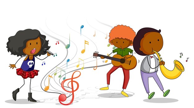 Doodle cartoon character with music band on white background