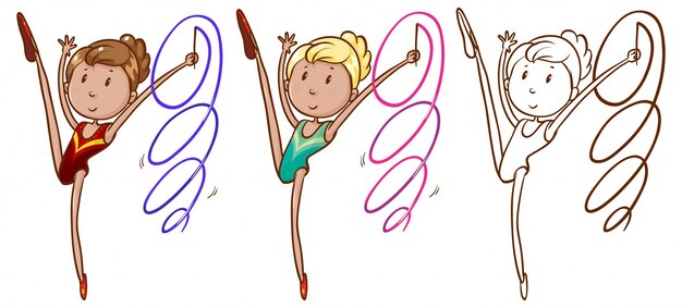 Doodle character for girl doing gymnastic with ribbon