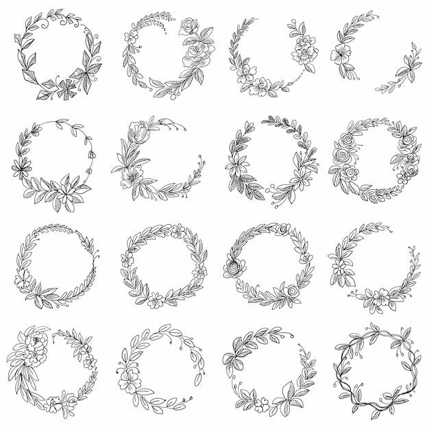 Doodle circular floral decorative frame set design