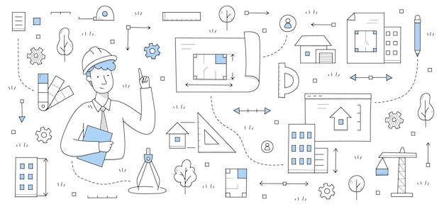 Free vector doodle concept with architect worker holding blueprint engineering and architecture job background professional engineer in helmet with work tools compass pencil crane line art vector illustration