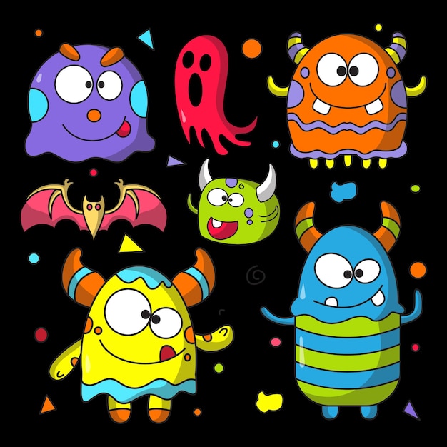 Doodle cute monster sticker icons hand drawn vector