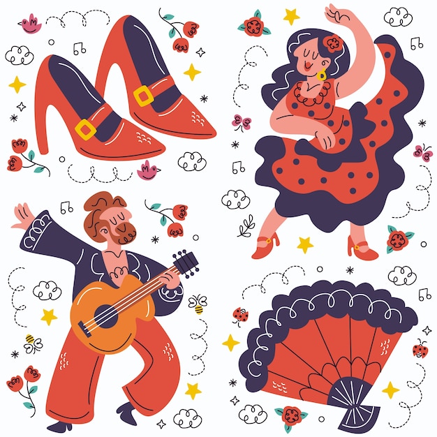 Free Vector doodle flamenco stickers collection