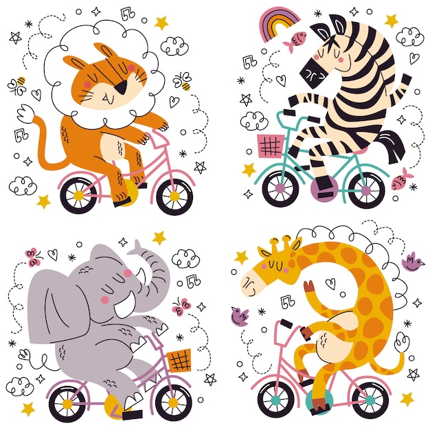 Free Vector doodle hand drawn animals in bicycles sticker set