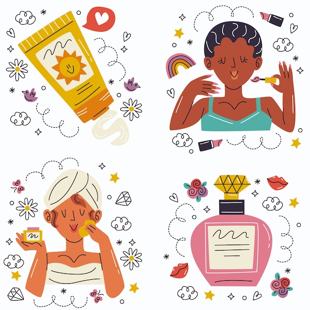 Free Vector doodle hand drawn beauty sticker pack